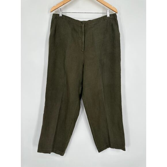 Eileen Fisher 100% Linen Pants High Rise Straight Leg Ankle Olive Green - Picture 1 of 8